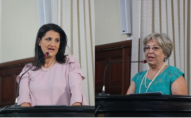 Patrícia Helena Paschoalotti Cartaxo e Elisabeth Márcia Martucci durante a sessão de entrega dos títulos de Bibliotecárias do Ano - Crédito: Divulgação