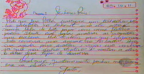 Bilhete entrega pela Professora &agrave; aluna. (reprodu&ccedil;&atilde;o Eptv)