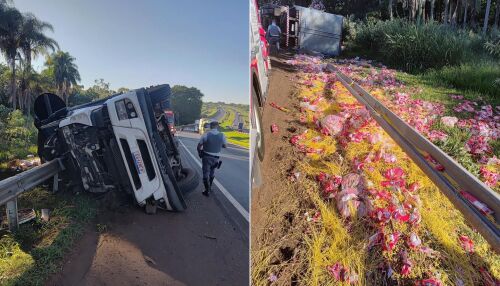 Carreta carregada com macarrão tomba na Washington Luís