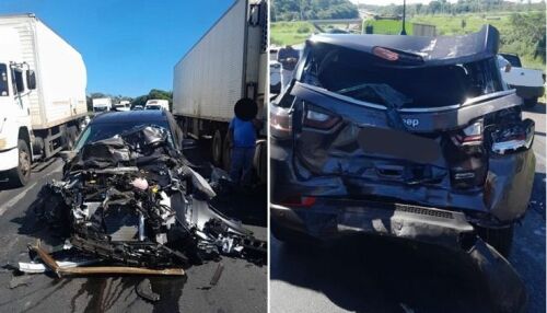 Engavetamento envolvendo duas carretas e dois carros é registrado na SP-310