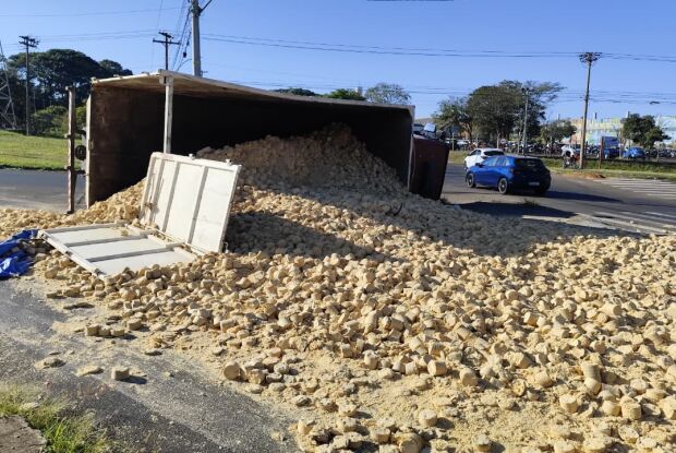 Caminhão carregado com serragem tomba após falha nos freios 