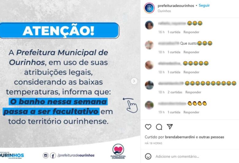 Prefeitura de cidade no interior de SP viraliza com postagem sobre 'banho facultativo