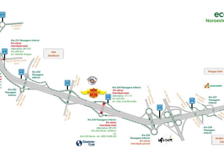 Obras na SP-310 em São Carlos interditam dois viadutos por até 90 dias a partir de terça-feira 