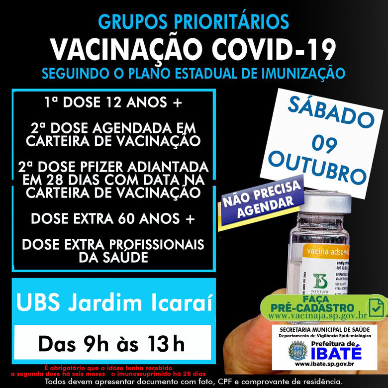 Ibaté terá plantão de vacinação contra a COVID-19, neste sábado (09) até às 13 horas -