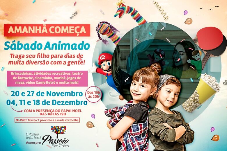 Sábado animado e chegada do Papai Noel são atrações para as crianças no Passeio São Carlos - Crédito: divulgação