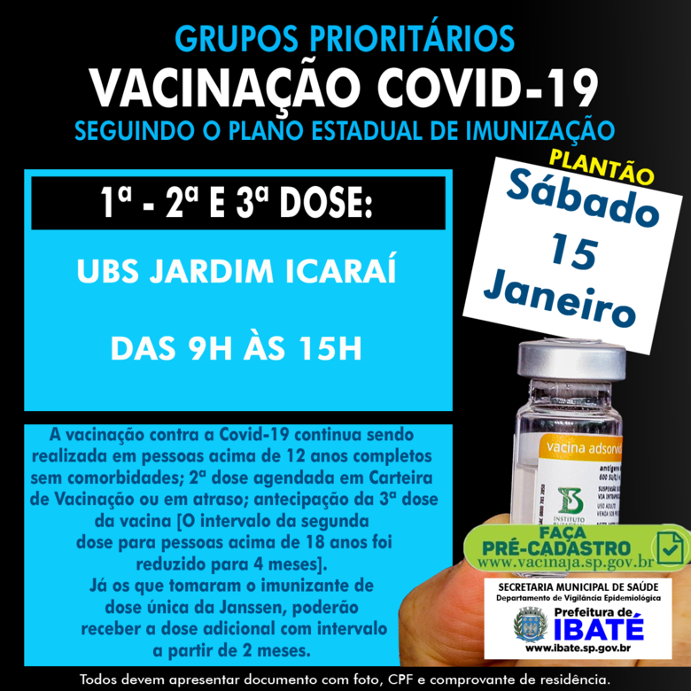 COVID-19: Saúde de Ibaté promove plantão de vacinação neste sábado (15) - 