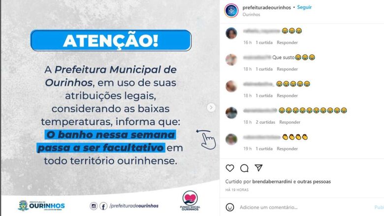 Prefeitura de cidade no interior de SP viraliza com postagem sobre 'banho facultativo - Crédito: divulgação