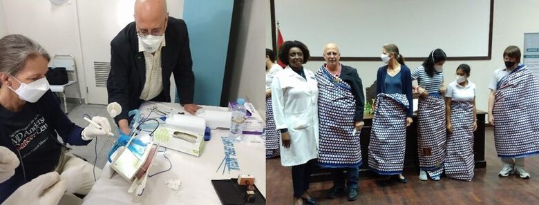 Bagnato com a Dra. Rebecca da Rice Univeristy testando novas tecnologias e um momento de agradecimento do povo de Moçambique  vestidos com vestes típicas. - Crédito: divulgação