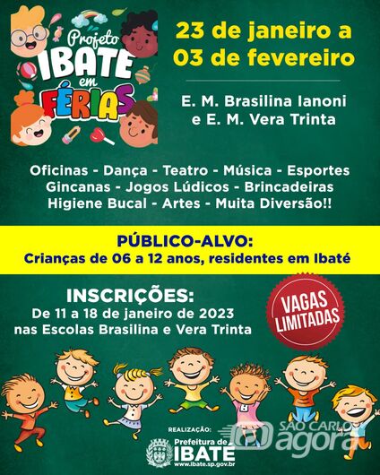 Prefeitura abre inscrições para o “Projeto Ibaté em Férias” a partir desta quarta-feira, 11 -