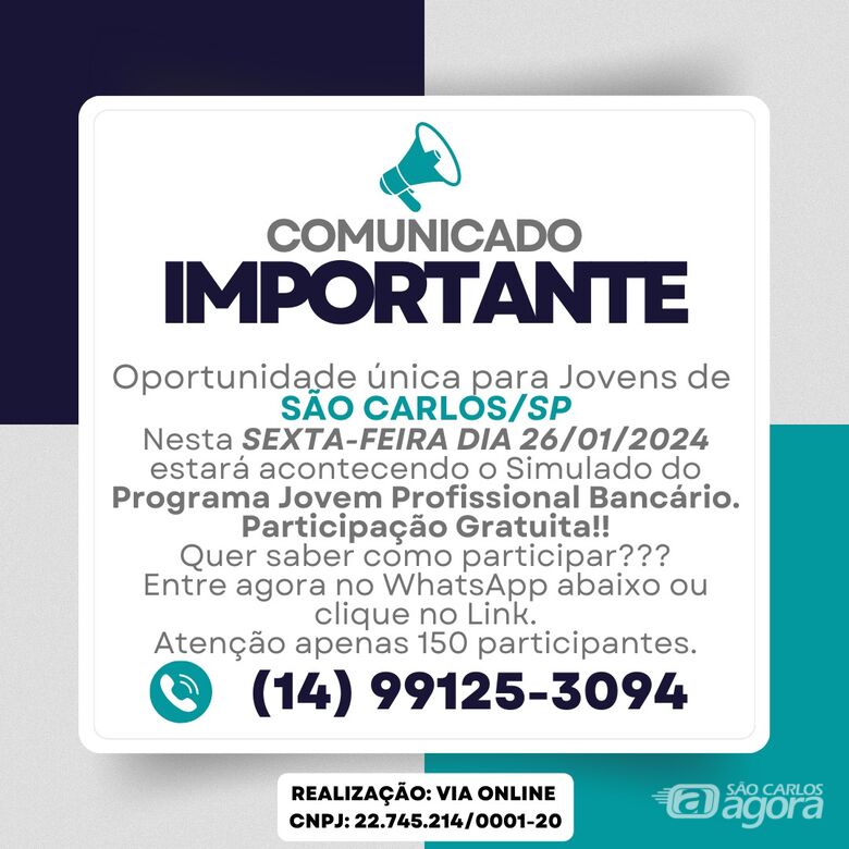 Oportunidade para jovens: Programa Jovem Profissional Bancário abre inscrições para primeira etapa em São Carlos - 