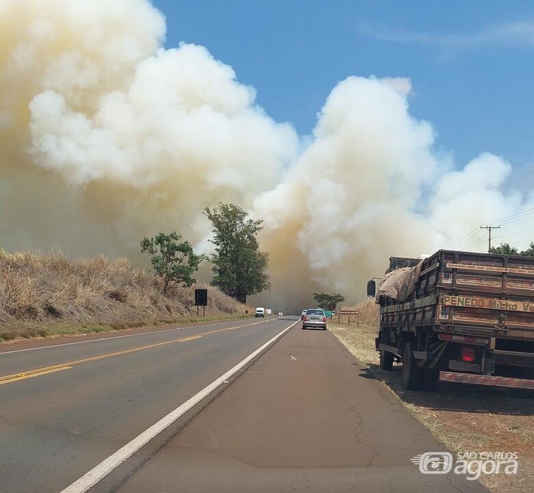 Incêndio de grandes proporções atinge canavial perto de hotel na SP-215 - 