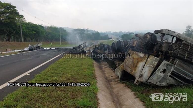 Motorista adormece ao volante e carreta tomba e pega fogo na SP-330 - 