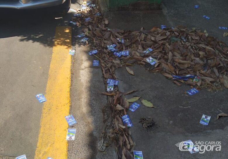 Santinhos jogados na frente da escola Sebastião de Oliveira Rocha - Crédito: Abner Amiel