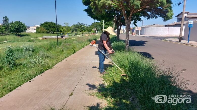 Morador corta grama na praça - Crédito: divulgação