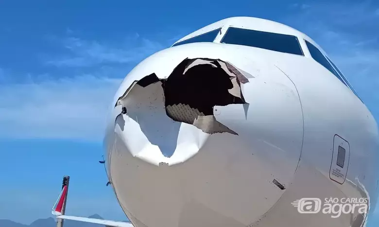 Avião ficou com a frente destruída - Crédito: divulgação/Latam