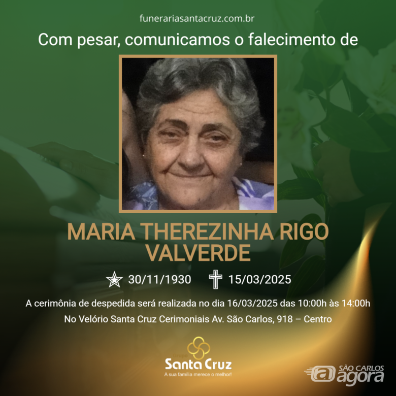 Grupo Santa Cruz informa o falecimento de Maria Therezinha Rigo Valverde -