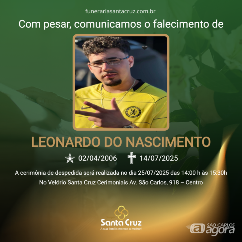 Grupo Santa Cruz informa o falecimento do jovem Leonardo do Nascimento - 
