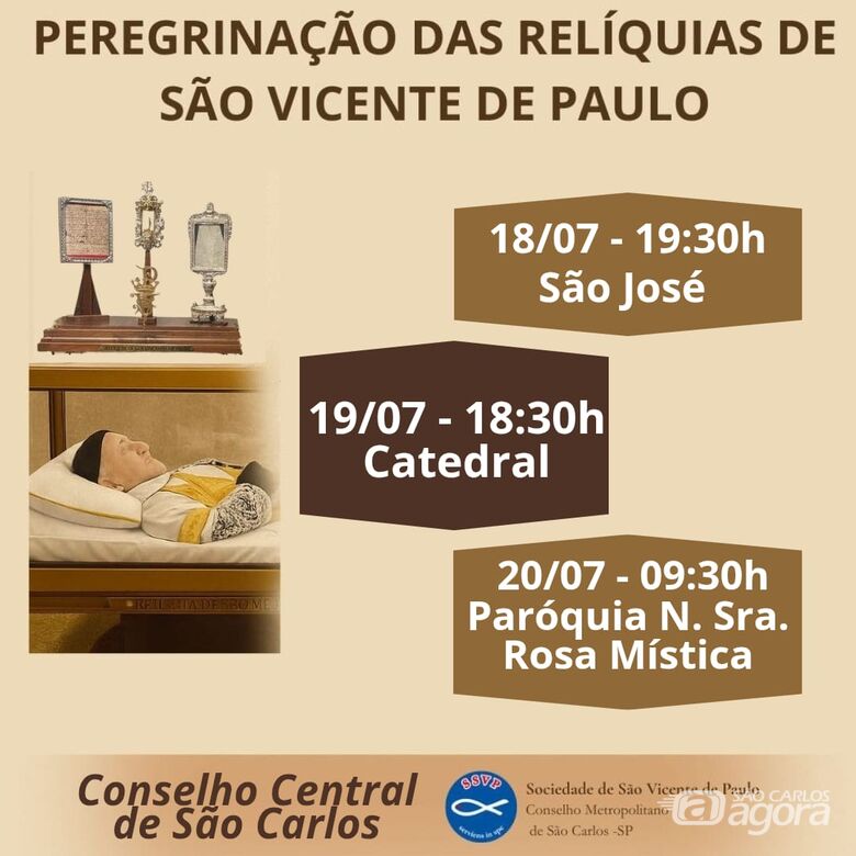 São Carlos recebe a partir de sexta-feira as Relíquias de São Vicente de Paulo -