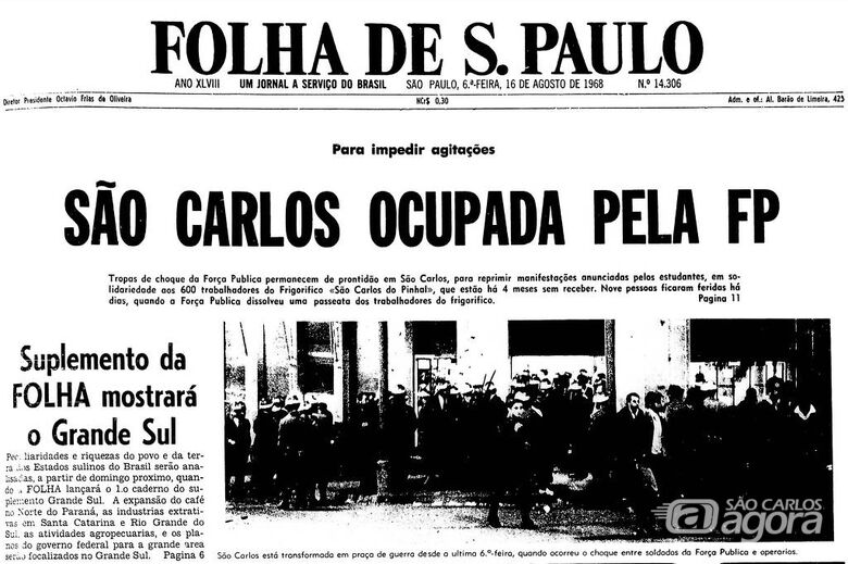 São Carlos foi manchete da Folha de São Paulo em 16 de agosto de 1968, quando a cidade foi cercada - Crédito: Folha de São Paulo/ divulgação