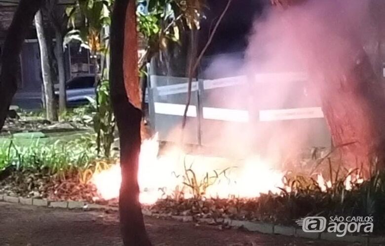 Fogo causado por vela para prática religiosa atinge canteiro de praça no Centro - Crédito: Maycon Maximino