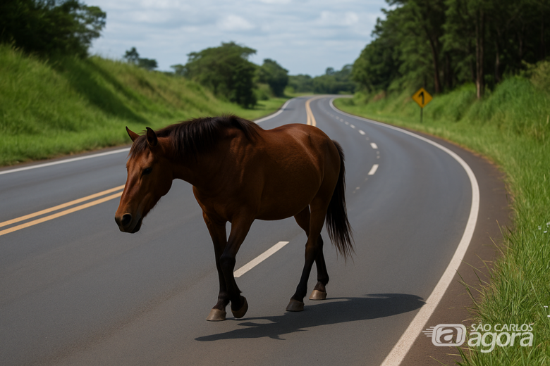 Cavalo solto na estrada - Crédito: IA