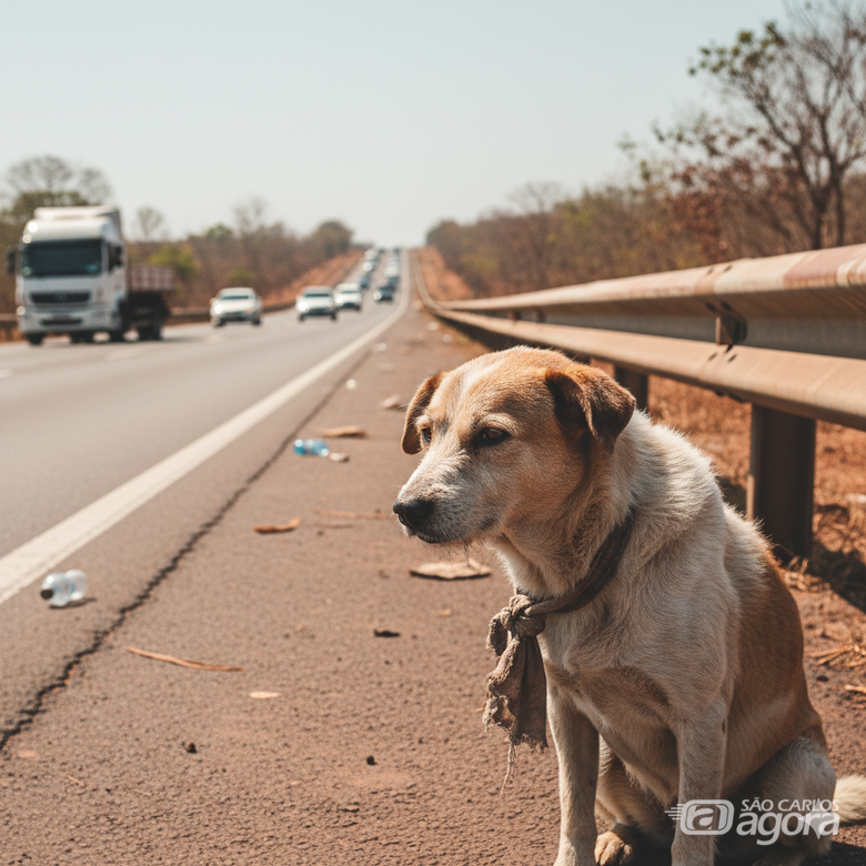 Cachorro abandonado rodovia (imagem ilustrativa) - Crédito: IA