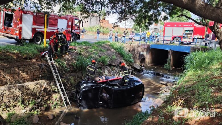 Mecânico perde o controle da direção e BMW cai em córrego próximo ao Fórum Cível - Crédito: Maycon Maximino