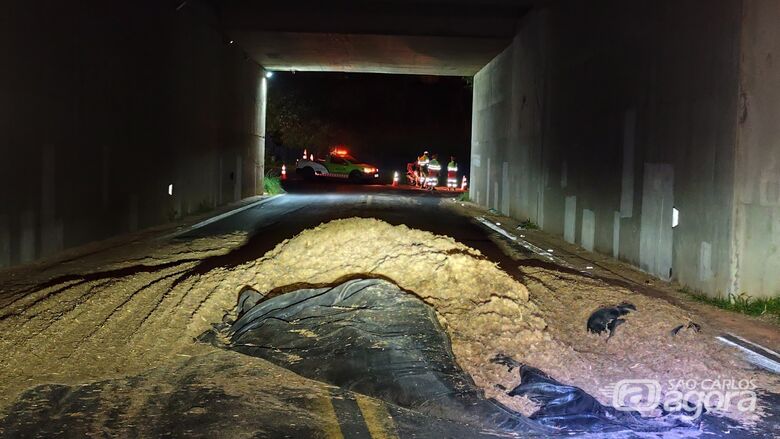 Derramamento de farelo de cana interdita pontilhão entre Jockey Club e Jardim Paulistano - Crédito: Maycon Maximino 