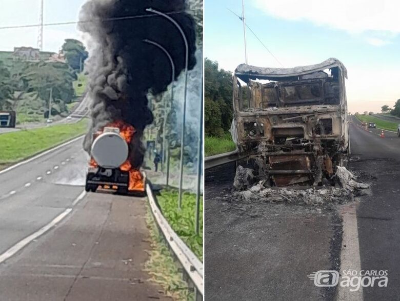 Caminhão é destruído pelo fogo na Washington Luís - Crédito: CCI Artesp 