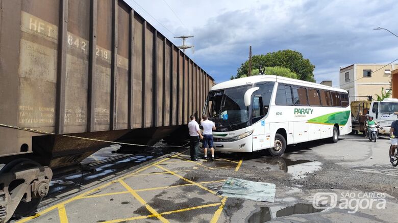 Ônibus transportando trabalhadores da LATAM bate em trem - Crédito: SCA