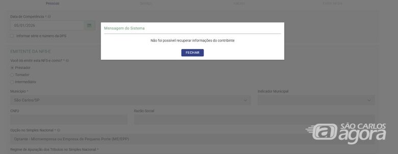 Mensagem de erro no sistema nacional de emissão de NF - 