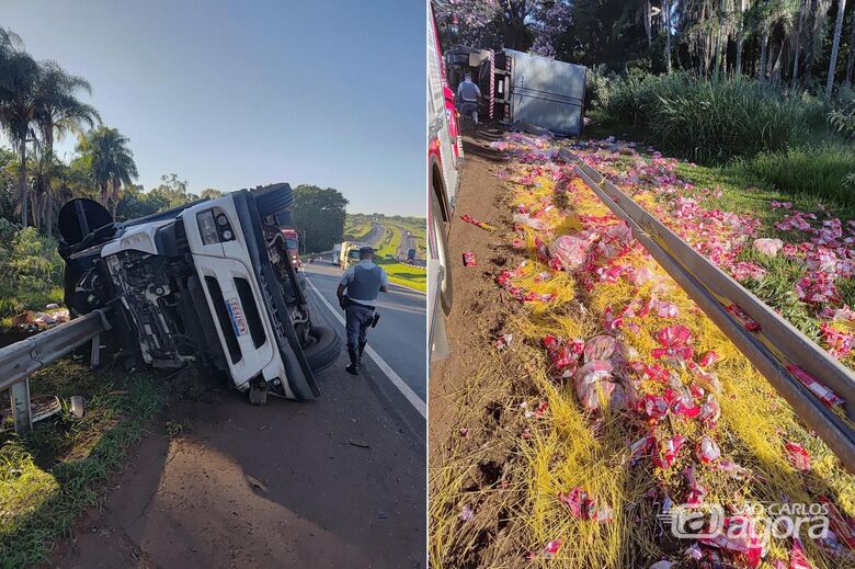 Carreta carregada com macarrão tomba na Washington Luís - Crédito: Flávio Fernandes 