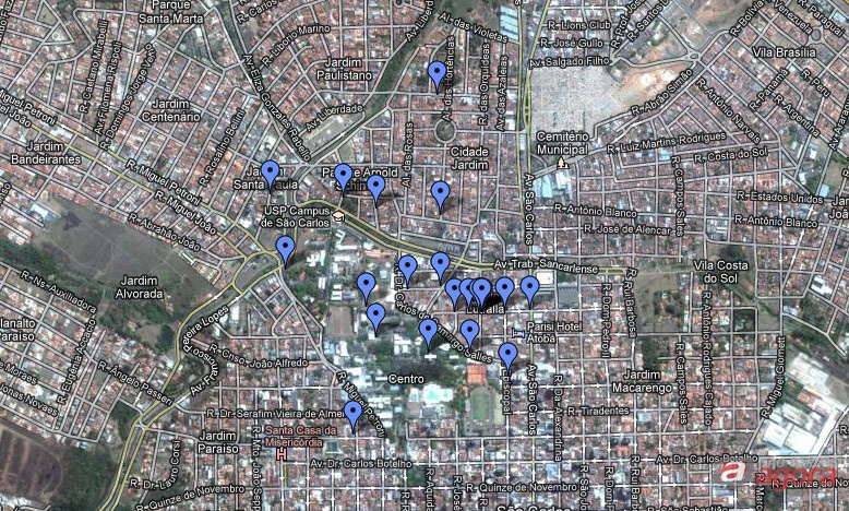 Mapa criado por estudante mostra locais, onde segundo ele, aconteceram os assaltos. (Google Maps. -