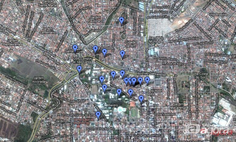 Mapa criado por estudante mostra locais, onde segundo ele, aconteceram os assaltos. (Google Maps. - 