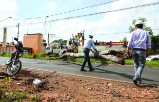 Funcionários da CPFL Paulista recolhem poste do meio da avenida. No detalhe, os danos. (Foto: Kris Tavares/Tribuna Impressa). -