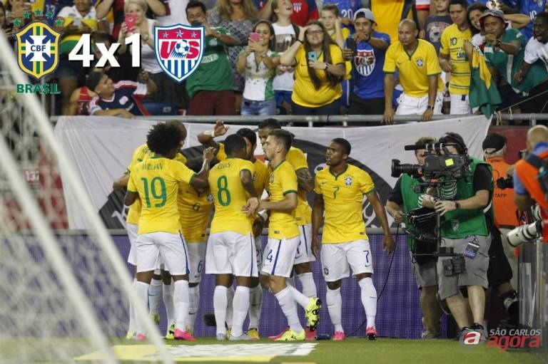 Festa brasileira. Jogadores comemoram um dos gols contra os EUA. Rafael Ribeiro/CBF -