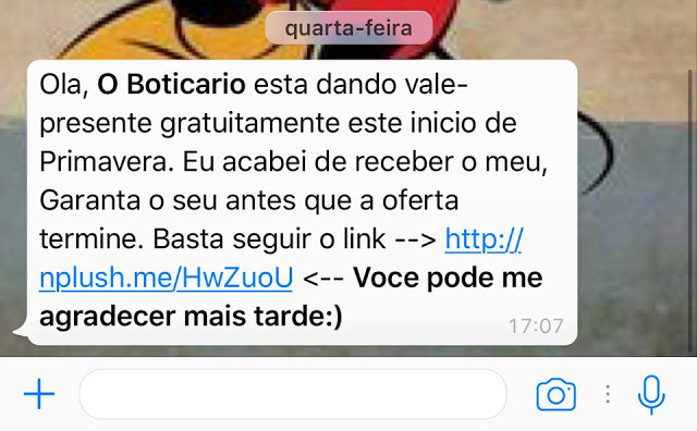 Golpe no WhatsApp usa vale-presente em O Boticário para enganar vítimas -