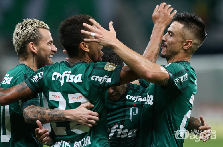 Jogadores do Palmeiras comemoram gol e a vaga para a semifinal - Crédito: Cesar Greco/Agência Palmeiras/Divulgação