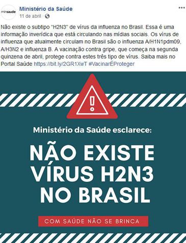 Post do Ministério da Saúde no Facebook em que desmente a existência do subtipo H2N3 do vírus influenza no Brasil - Crédito: Divulgação