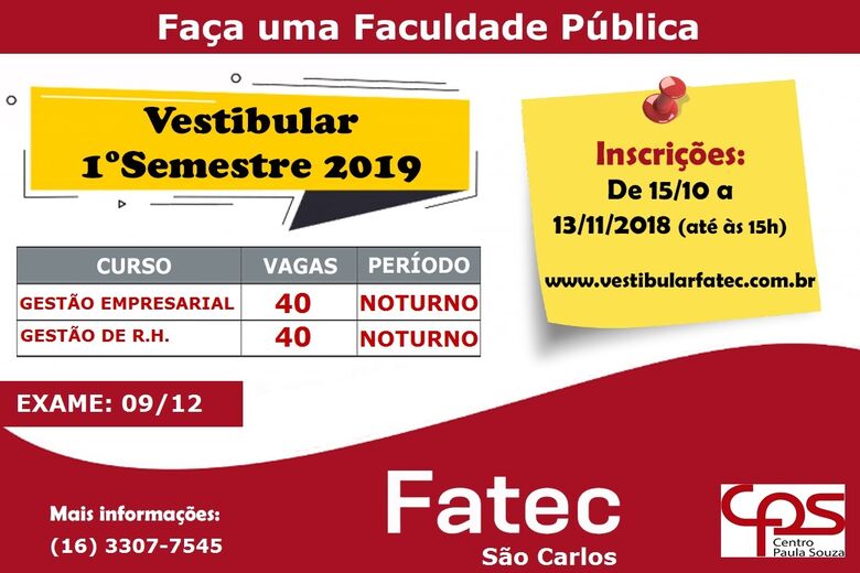 Fatec está com inscrições abertas para o vestibular do primeiro semestre/2019 -