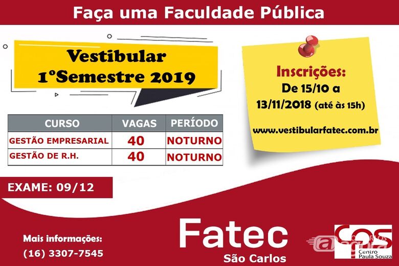 Fatec está com inscrições abertas para o vestibular do primeiro semestre/2019 - 
