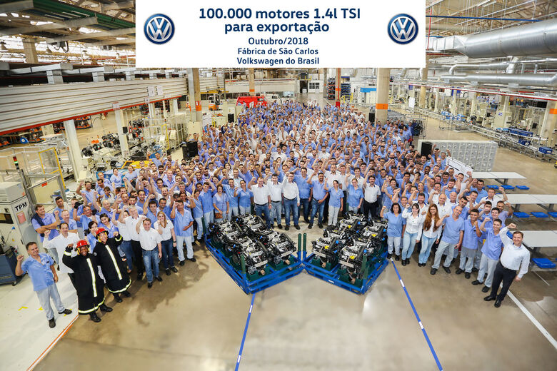 Fábrica da Volkswagen em São Carlos celebra a produção de 100 mil motores 1.4l TSI para exportação - Crédito: Divulgação