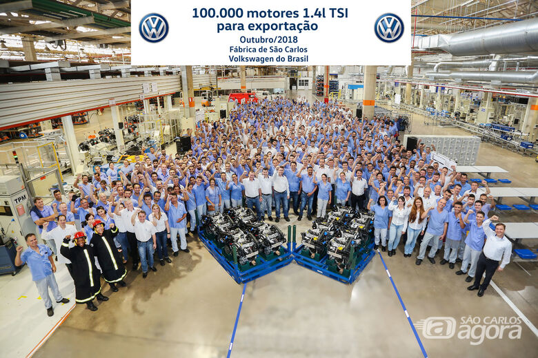 Fábrica da Volkswagen em São Carlos celebra a produção de 100 mil motores 1.4l TSI para exportação - Crédito: Divulgação