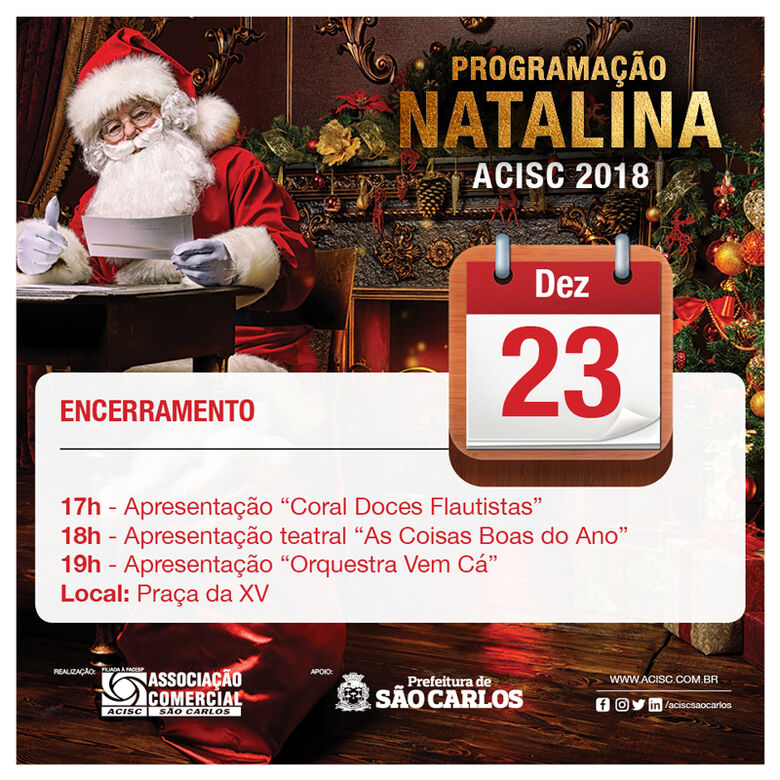 Acisc convida para encerramento da Programação Natalina na Praça da XV -