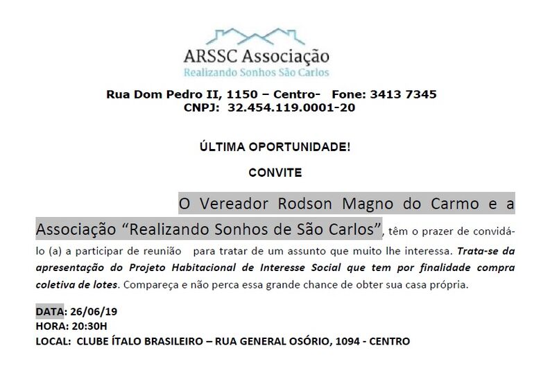 Vereador Rodson convida para reunião do Projeto Habitacional de Interesse Social hoje no Ítalo -