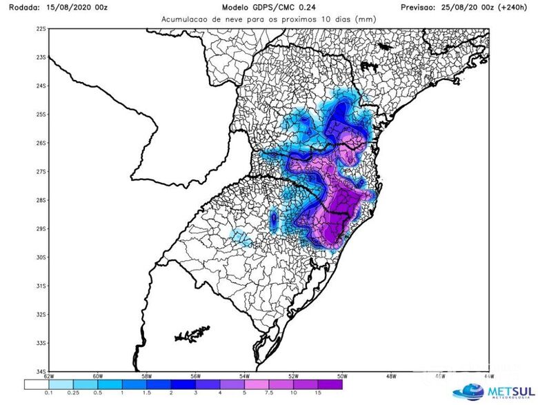 Uma das projeções do MetSul indica neve até o sul de SP - Crédito: MetSul/Divulgação
