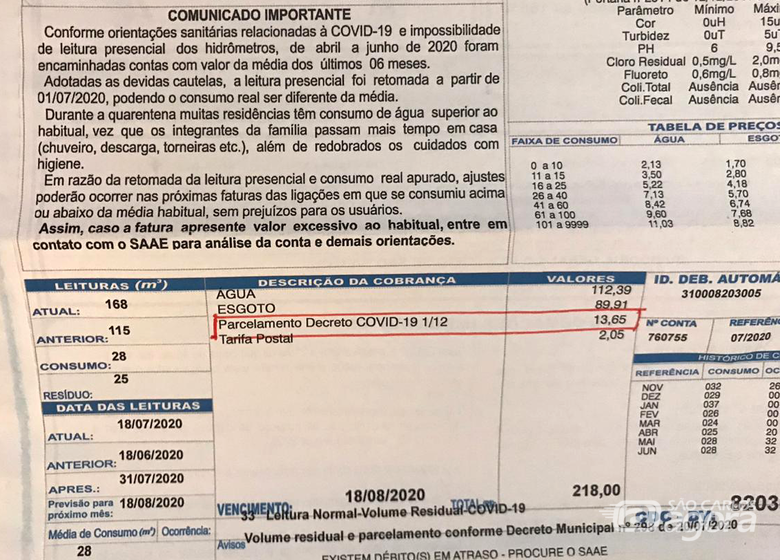 "Parcelamento Decreto COVID-19 1/12" na conta de água; SCA esclarece - Crédito: Divulgação
