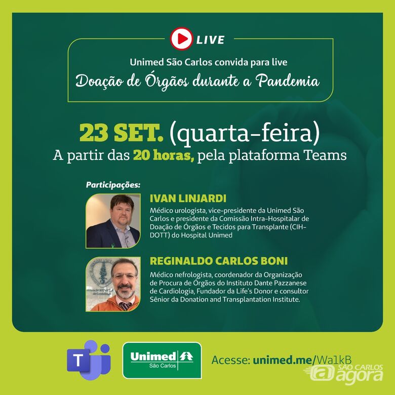 Unimed São Carlos realiza live sobre Doação de Órgãos durante a Pandemia - Crédito: Divulgação
