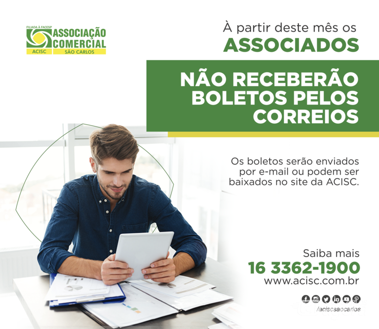 Acisc São Carlos alerta sobre mudança no envio de boletos - Crédito: Divulgação