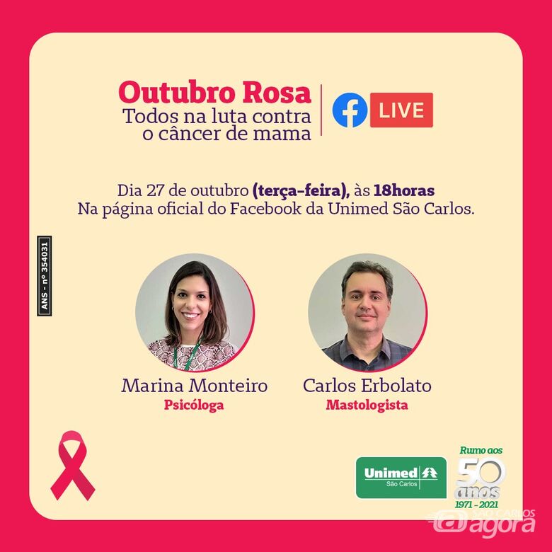 Unimed São Carlos vai realizar live sobre o Outubro Rosa - Crédito: Divulgação